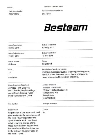 Besteam-football jersey certificate from Xiamen Junmao Technology Co., LTD