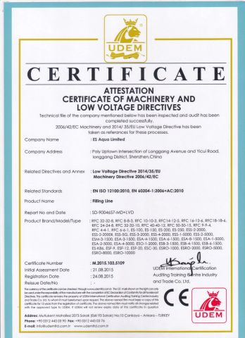 CE certificate of Shenzhen ES AQUA Machinery Co., Ltd. – certificate photo, supplier certificates section