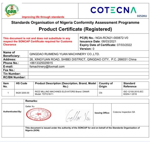 PC certificate from Qingdao RuimengYuan Machinery Co., Ltd.