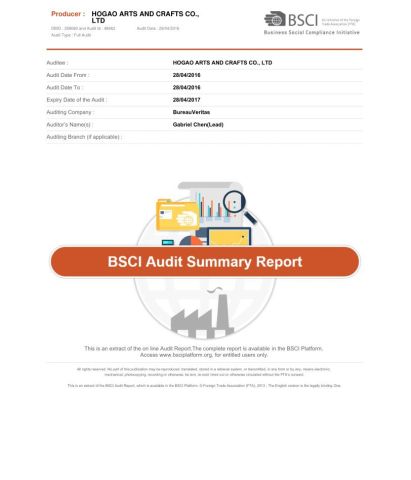 BSCI Report certificate of Quanzhou Hogao Arts and Crafts Co., Ltd. – certificate photo, supplier certificates section