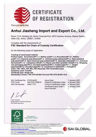 FSC certificate of Yueyang Grand Arts and Crafts Co., Ltd. – certificate photo, supplier certificates section