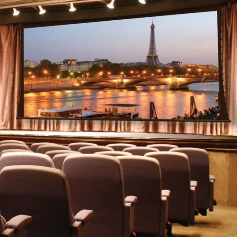 100" Motorized Tab-Tensioned Screen with Acoustically Transparent Woven ...