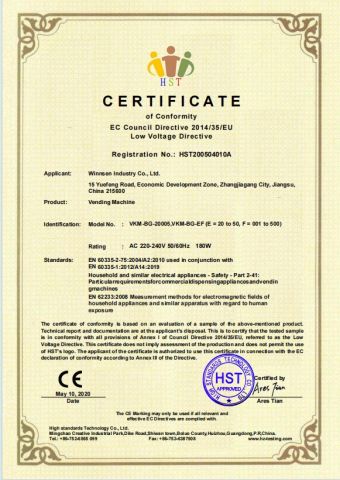 Vending Machine CE-LVD certificate from Winnsen Industry Co., Ltd.