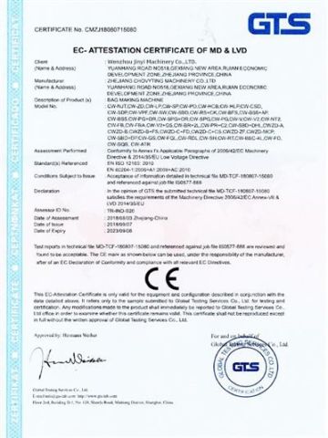 Certification certificate of Wenzhou Jinyi Machinery Co., Ltd – certificate photo, supplier certificates section