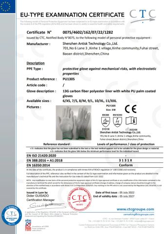 ESD PU Gloves CE certificate from DONGGUAN ANTISK ELECTRONIC CO., LTD