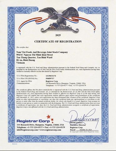 FDA certificate from NAM VIET FOODS AND BEVERAGE JOINT STOCK COMPANY