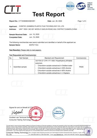 FDA of Heat Sealable BOPET Film certificate from Chintec (Xiamen) Plastic Film Technology Co., Ltd.