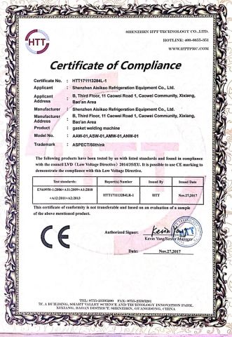 CE of welding machine LVD certificate of Dongguan Aisikao New Material Co., Ltd. – certificate photo, supplier certificates section