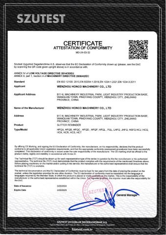 CE certificate from Wenzhou Honco Machinery Co., Ltd