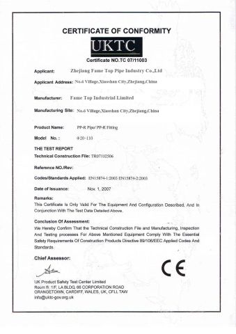 CE Certificate For PPR Pipe certificate from FAME TOP INDUSTRIAL LIMITED