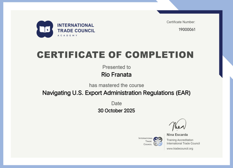 Export administration regulations certificate from Pt bumi rafflesia indonesia