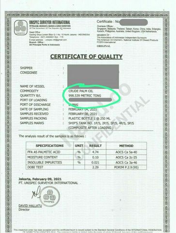 Certificate of Quality (COQ) certificate from Borneo Commodity Service