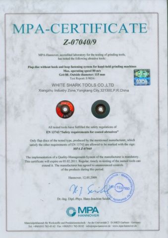 MPA certificate certificate from Yongkang Shark Abrasive Co., Ltd.