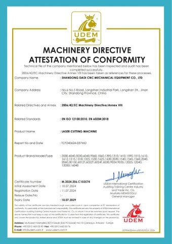 Laser cutting machine certificate from Shandong Dadi Cnc Mechanical Equipment Co., Ltd.
