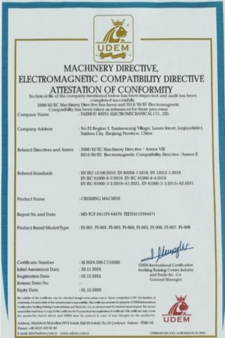 CE certificate from Taizhou Weiyu Electromechanical Co., Ltd.
