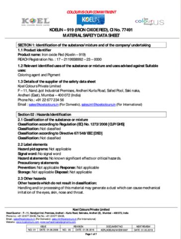 Iron Oxide Red MSDS certificate of Shenzhen Huazhong Sun May Technology Co., Ltd – certificate photo, supplier certificates section