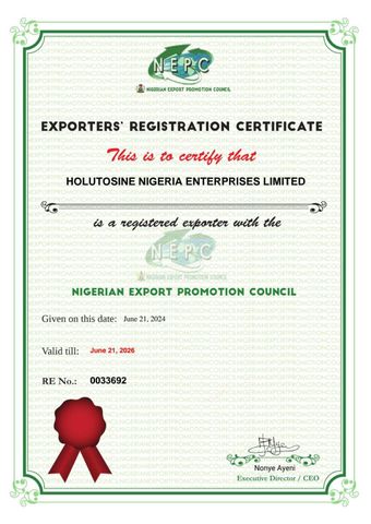 Export license  certificate from HOLUTOSINE NIGERIA ENTERPRISES LIMITED 