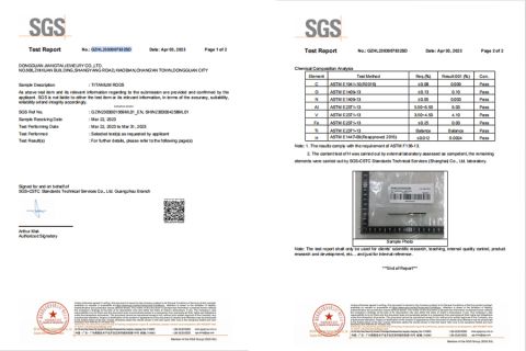 ASTM F136 Titanium Test Report certificate from Dongguan Jiang Titanium Jewelry Co., LTD