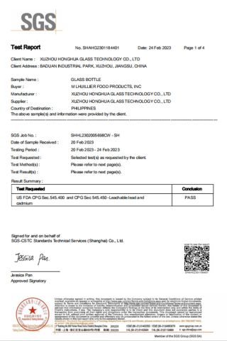 Glass Bottle Test Report certificate from Xuzhou Furun Packing Products Manufacturing Co., Ltd.