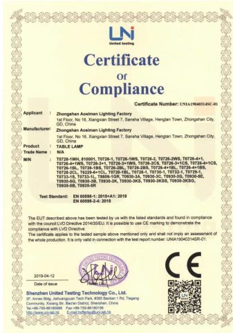 CE for Table Lamp certificate from ZHONGSHAN AOSIMAN LIGHTING CO., LIMITED