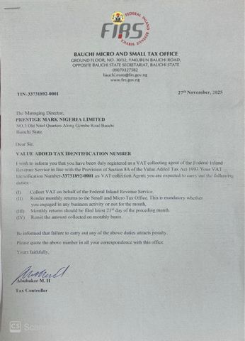 TIN (Tax Identity Number) certificate from Prestige Mark Nigeria Ltd