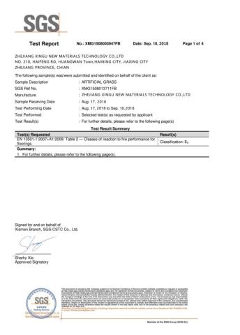 SGS test report (Fire) certificate from Zhejiang Xingu New Material Technology Co., Ltd