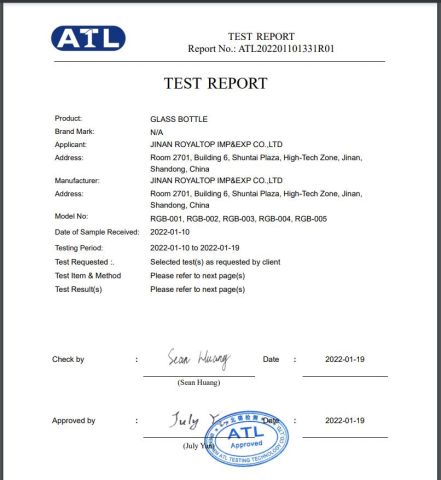 Glass bottle certificate from JINAN ROYALTOP IMP&EXP CO., LTD.