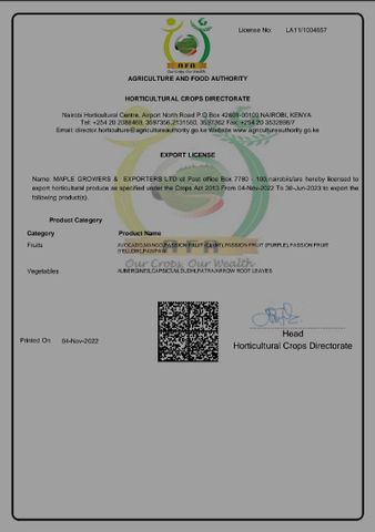 Export licence certificate from Maple Grower's & Exporters Ltd