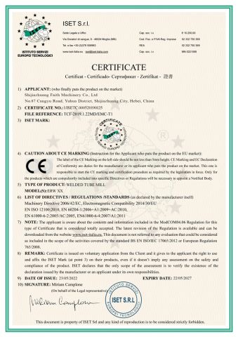 CE certificate of Shijiazhuang Faith Machinery Co., Ltd – certificate photo, supplier certificates section