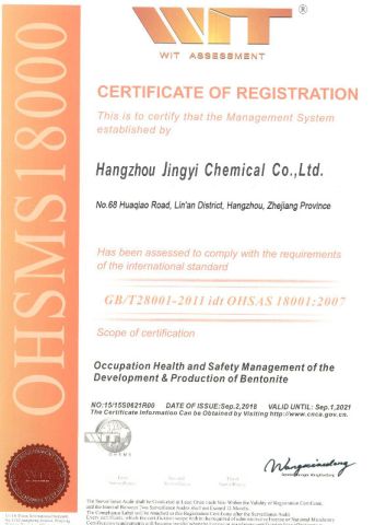 OHSAS 18001:2007 certificate from Hangzhou Jingyi Chemical Co., Ltd.