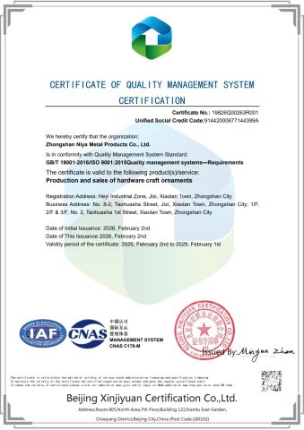 ISO 9001 certificate from Zhongshan Niya Metal Manufacture Co., Ltd.