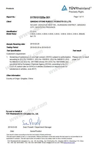 REACH for PU Tyre certificate from Qingdao Stone Rubber Products Co., Ltd.