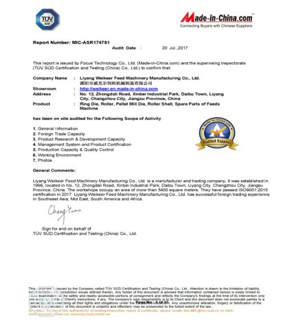 TUV certificate from Liyang Weikeer Feed Machinery Manufacturing Co., Ltd.