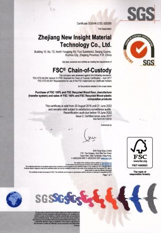 FSC 100% and FSC Recycled Certificate certificate of Zhejiang New Insight Wood Composite Co., Ltd – certificate photo, supplier certificates section