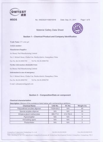 MSDS certificate from Guangzhou Ice Beauty Nail Art Supplies Co., Ltd.