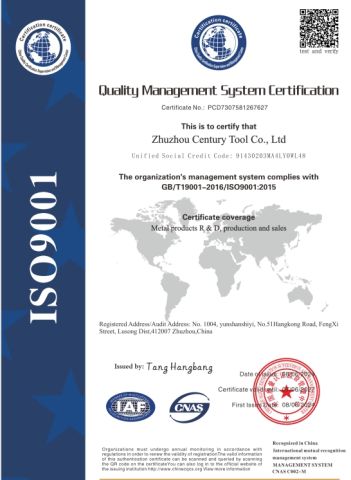 ISO9001 certificate of Zhuzhou Century Tool Co., Ltd. – certificate photo, supplier certificates section