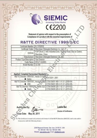 CE Certificate for Gas Detector in 2012 certificate from Shenzhen Chitongda Electronic Co., Ltd.