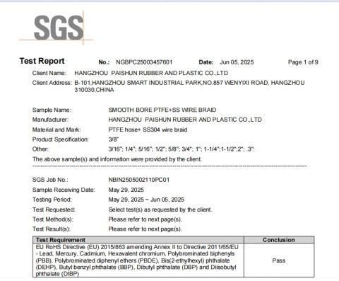 SGS 2025 certificate from Hangzhou Paishun Rubber and Plastic Co., Ltd.