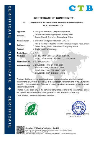 RoHS certificate from Shenzhen Goldgood Instrument Limited