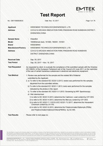 ROHS Test Report certificate from Weeemake Steam Tech Co., Ltd.