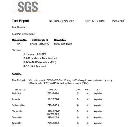SGS 100% Non-asbestors Test Report of Sandwich Panel certificate of Xiamen Zhongjingtai Building Materials Co., Ltd. – certificate photo, supplier certificates section