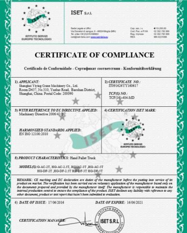 hand pallet truck CE certificate from Shanghai Yiying Crane Machinery Co., Ltd.