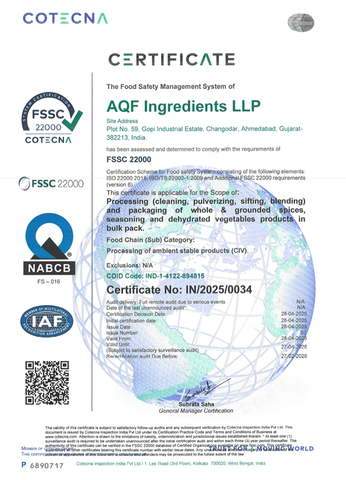 FSSC 22000 certificate from AQF Ingredients LLP
