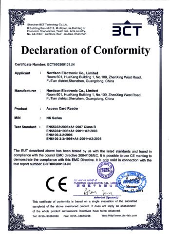 Nordson Card Reader CE certificate from Shenzhen Nordson Electronic Co., Ltd.
