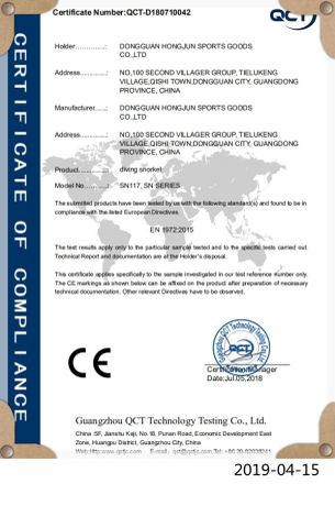 CE of Diving Snorkel certificate from Dongguan Hongjun Sports Goods Co., Ltd.