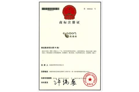 EcoSport Trademark certificate from Fujian Sport Trade Co., Ltd.