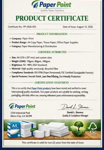 Product Certificate Paper Point certificate from Paper Point Products