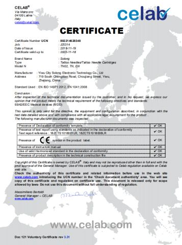 CE Certificate of Tattoo Needles / Tattoo Needles Cartridge certificate from Hangzhou Solong Technology Co., Ltd.