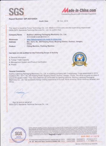 SGS report certificate from Suzhou Labelong Packaging Machinery Co., Ltd.