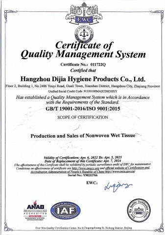 ISO 9001 certificate from Hangzhou Special Nonwovens Co., Ltd.